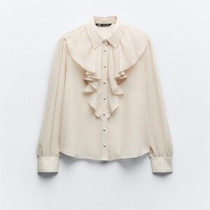 Zara Crème Ruffle Textured Button Down Blouse Size Medium
